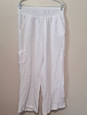 White Gauze Wide-Leg Cargo Pants, Large
